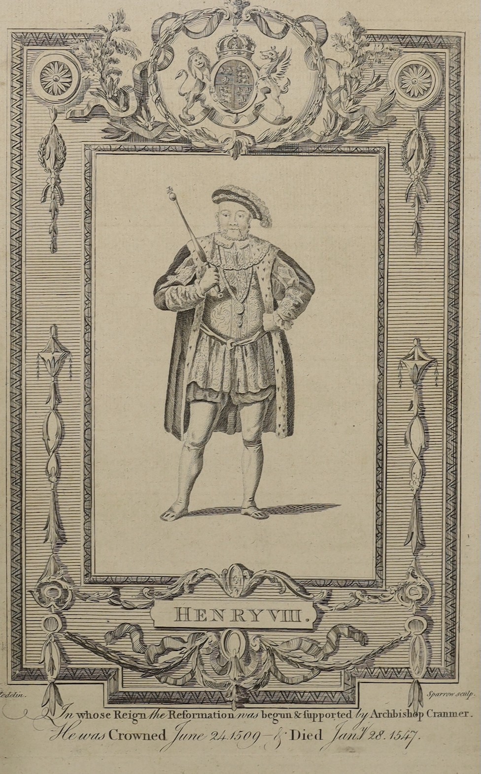 Hawkins after Wale, five engravings from Barnard's History of England, 34 x 20cm, Maximilien Vox (1894-1974), a woodblock print, Wayfare at Resting, 17 x 23cm, and a Masonic portrait of William Plows